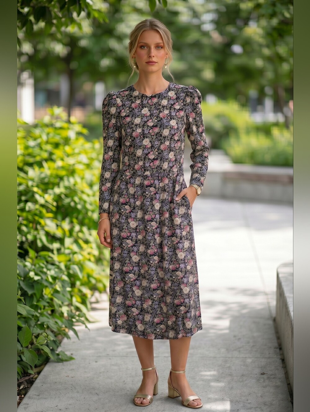 Vintage belle france Floral Midi Dress - Jane Schaffhausen Size 6 - Garden Party